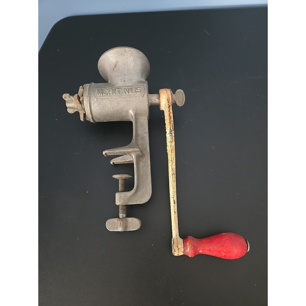 Vintage Merit No.15 Meat Grinder Table Clamp, Red Wood Crank Handle Cast Iron
